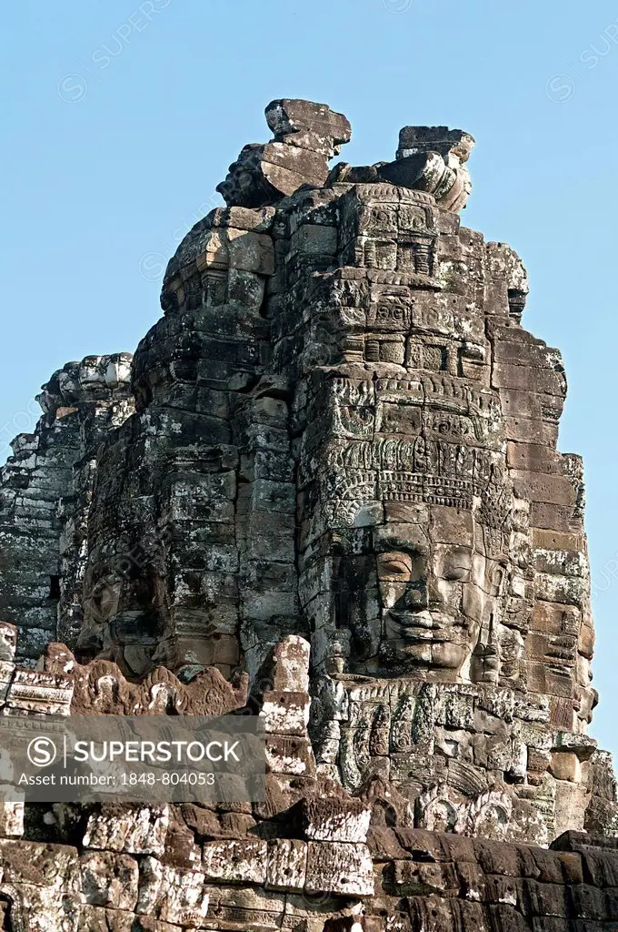 One of the more than 50 mystical towers of Bayon Temple with huge carved stone faces, Bayon, Angkor Thom, Siem Reap, Cambodia, Southeast Asia, Asia