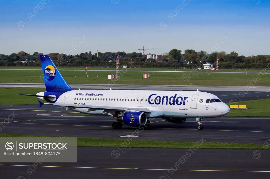 Condor Airbus A320, aircraft on the runway, Duesseldorf International Airport, North Rhine-Westphalia, Germany, Europe