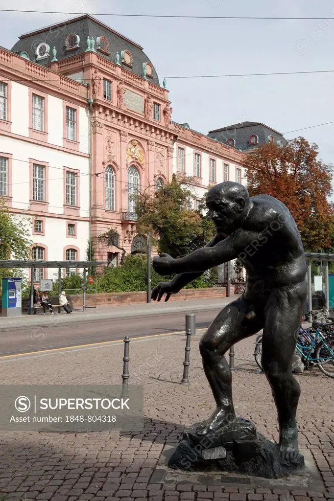 Berserker, sculpture by Waldemar Grzimer, Ducal Palace of Darmstadt at the back, today accommodating part of the University of Technology, TU Darmstad...