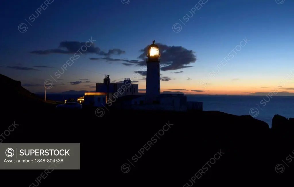 Evening view towards the Atlantic with Rua Reidh Lighthouse, Melvaig, Gairloch, Western Ross, Scotland, United Kingdom, Europe