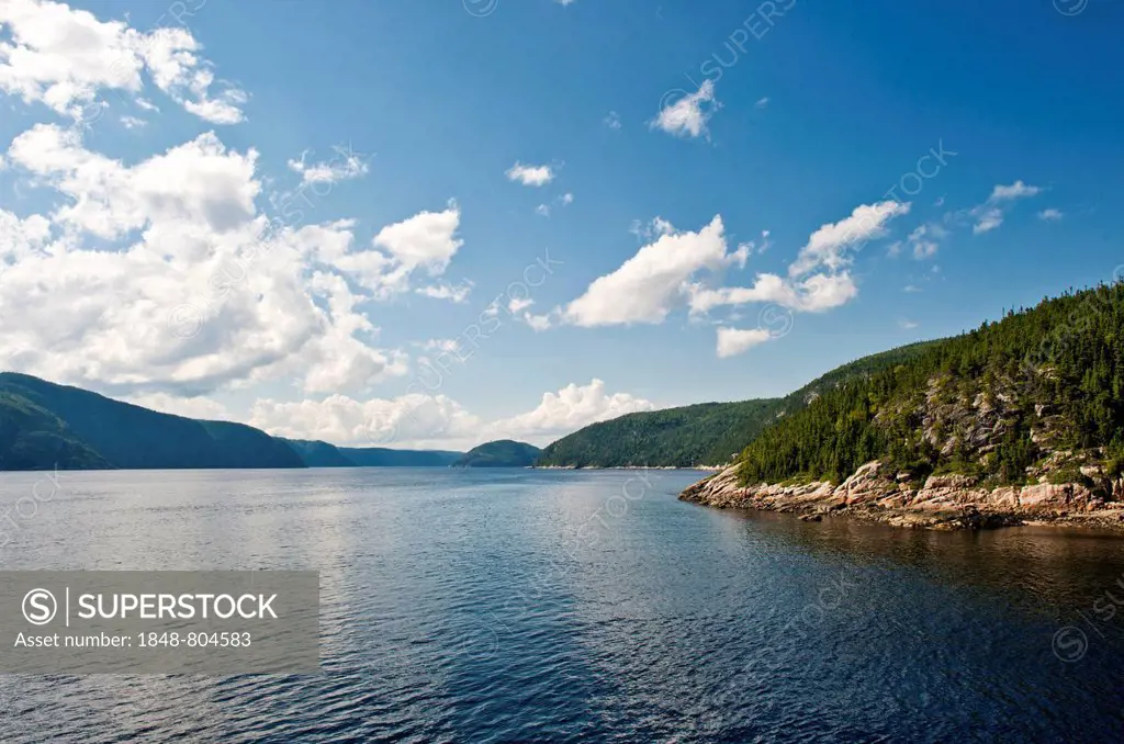 View into Saguenay Fjord, Tadoussac, Charlevoix region, Parc marin du Saguenay-Saint-Laurent, Saguenay-St. Lawrence Marine Park, Quebec, Canada, North...