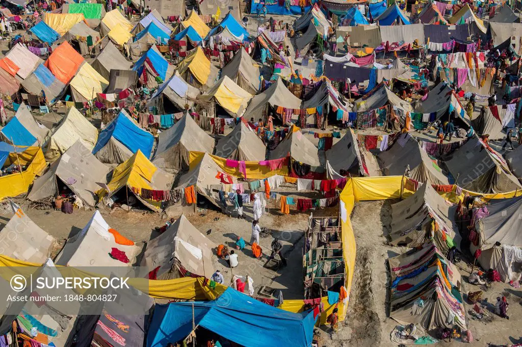 Kumbha Mela grounds, full of tents, seen from above, Allahabad, Uttar Pradesh, India