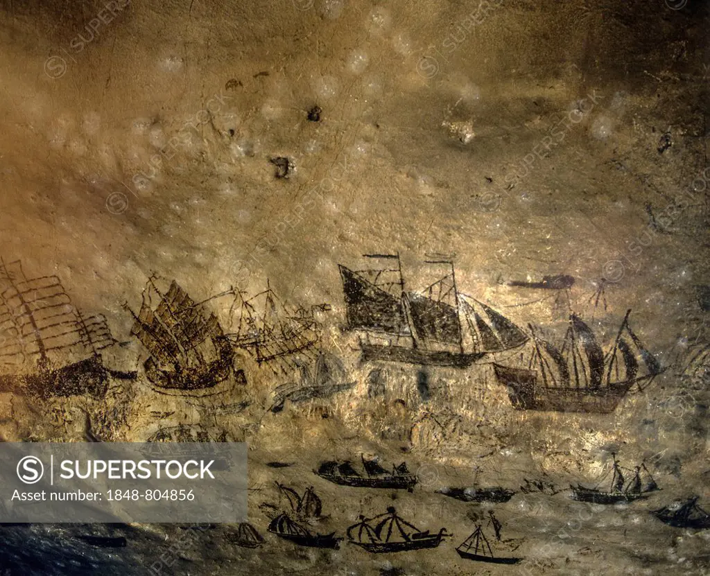 Viking Cave, Wai King Cave, historical wall paintings of various ships, Ko Phi Phi Lee, Phi Phi Islands, Krabi Province, Southern Thailand, Thailand