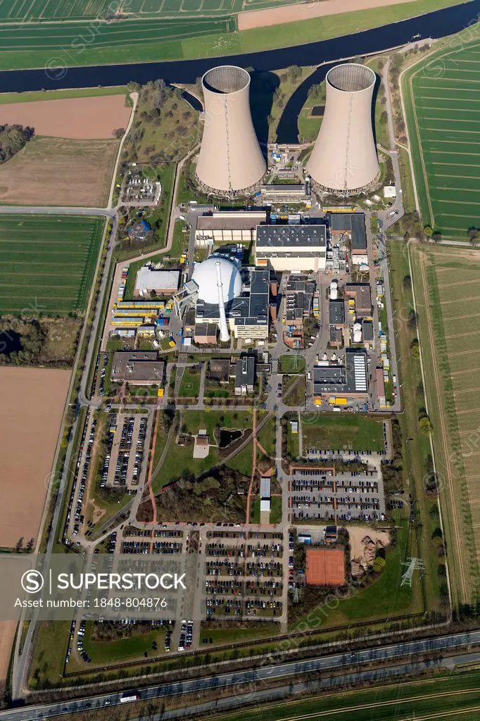 Aerial view, Grohnde nuclear power plant on the Weser River, Grohnde, Emmerthal, Lower Saxony, Germany