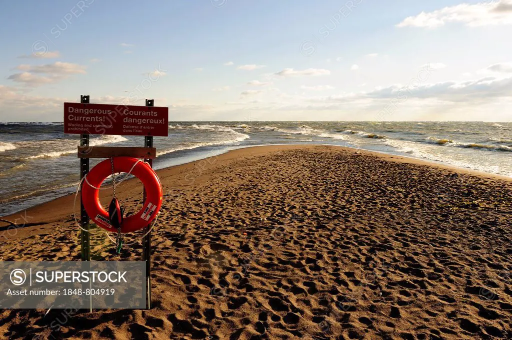 Lifebuoy and warning sign on Canada's southernmost point on Lake Erie, Point Pelee Nationalpark, Lake Erie, Ontario Province, Canada