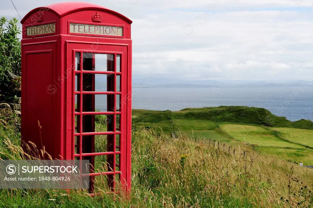 English phone booth in the middle of the countryside, Isle of Mull, Scotland, United Kingdom