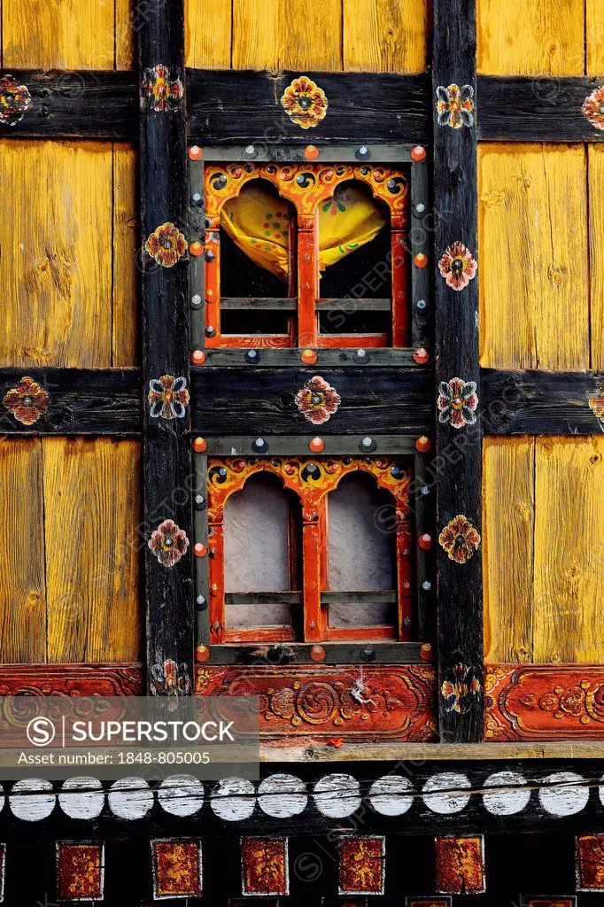 Ornate window at the Paro Dzong, Paro, Paro district, Bhutan