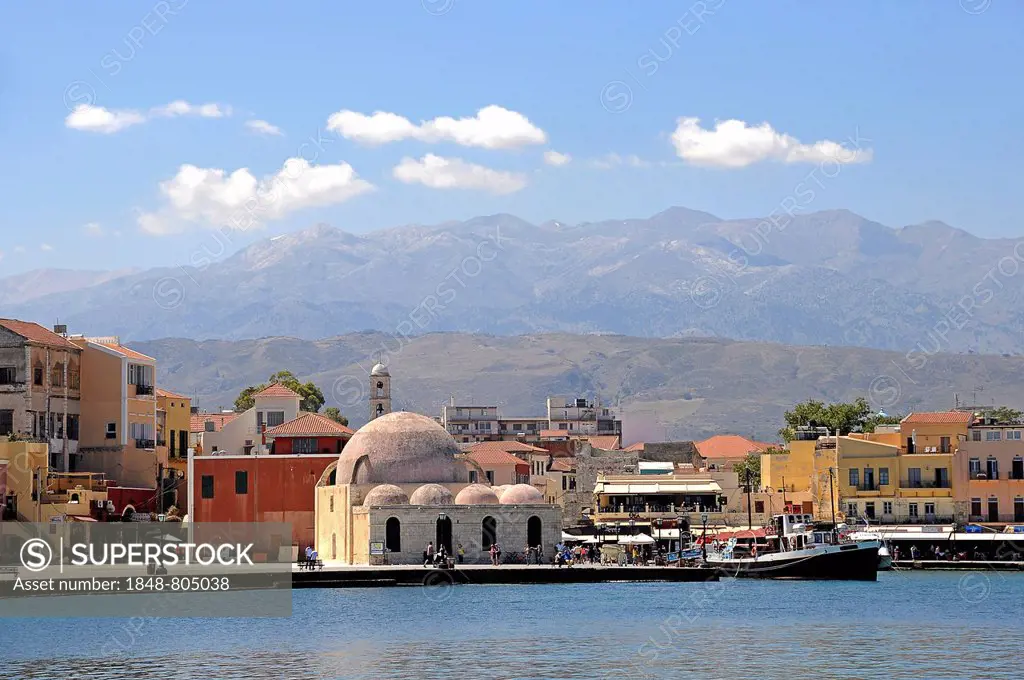 Hassan Pasha Mosque in the Venetian harbour, Chania, Crete, Greece