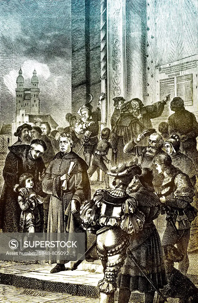 Martin Luther hammering his 95 theses to the door of the Castle Church in Wittenberg, 1483-1546, from The Rise of the Dutch Republic, 1880