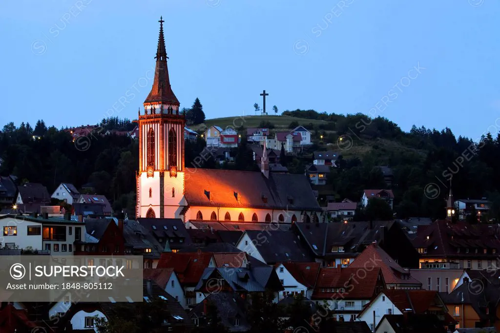 Neustaedter Muenster, St James' Minster, or Parish Church of St. James, Late Gothic, at dusk, Neustadt, Titisee-Neustadt, Black Forest, Baden-Württemb...