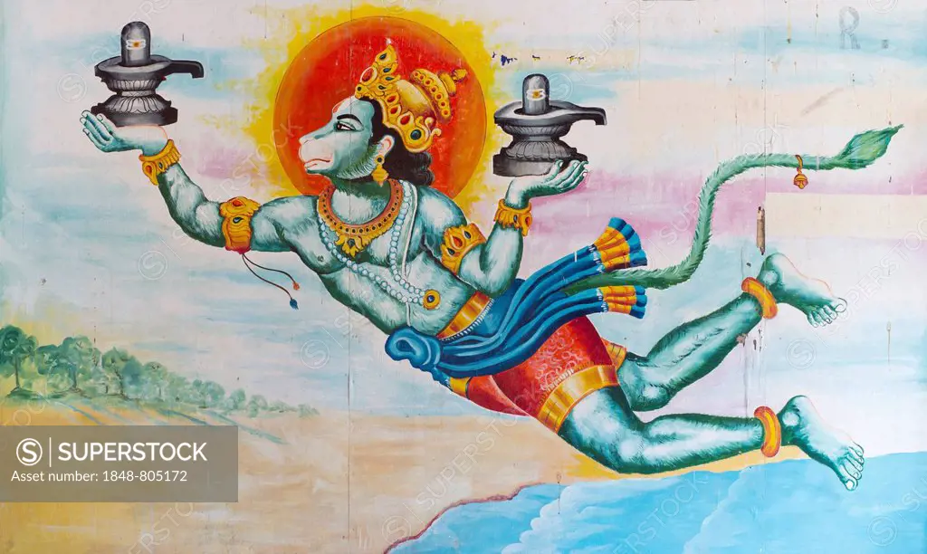 Flying Hanuman, a Hindu deity with Lingams, phallic symbols, mural in the Ramanathaswami Temple, Rameswaram, Pamban Island, Tamil Nadu, India