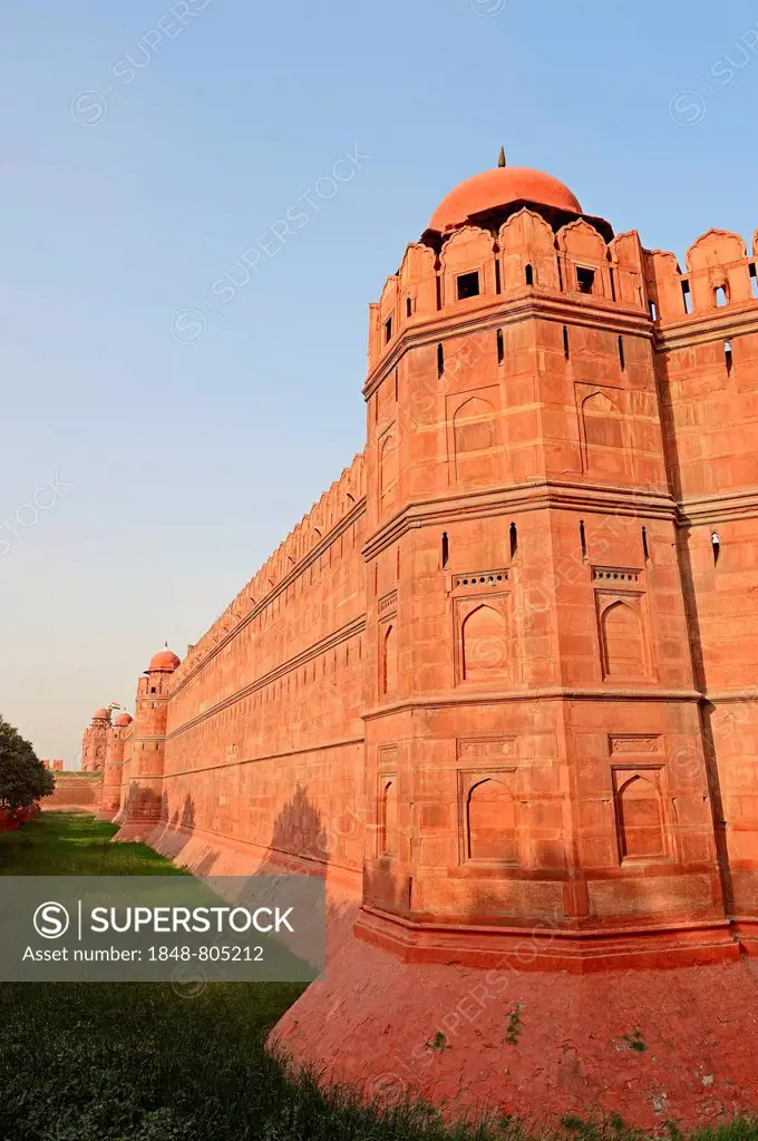Red Fort, outer wall with a guard tower, New Delhi, Delhi, India