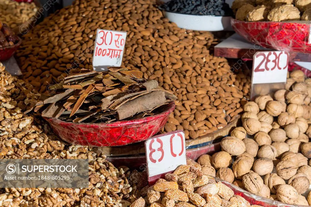 Nuts and spices for sale at the spice market, Old Delhi, New Delhi, Delhi, India