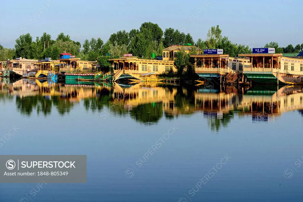 Houseboats on Dal Lake, with reflections, Srinagar, Jammu and Kashmir, India