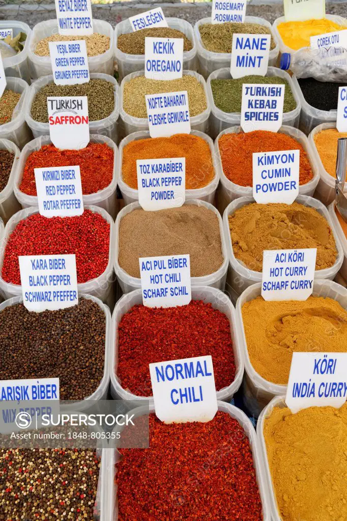 Spices for sale at a market stall, Fethiye, Mugla Province, Aegean region, Turkey