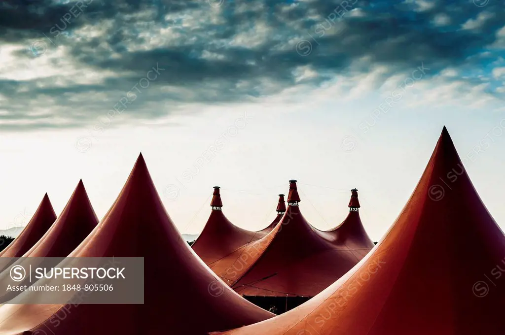 Circus tents and an evening sky, during the Zelt-Musik-Festival, ZMF 2013, Freiburg im Breisgau, Baden-Württemberg, Germany