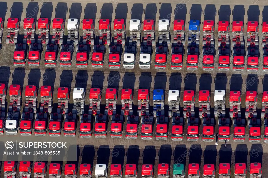 Aerial view, Mercedes-Benz tractor units, new trucks in a car park, Hochlarmark, Recklinghausen, North Rhine-Westphalia, Germany