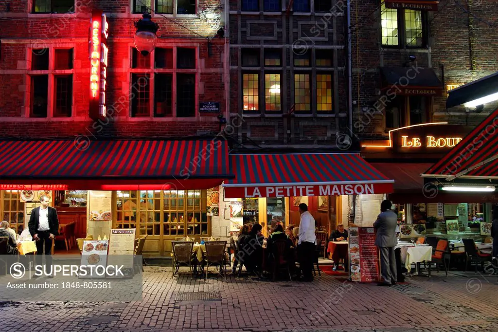 Restaurants on Rue des Bouchers street, Brussels, Brussels Region, Belgium
