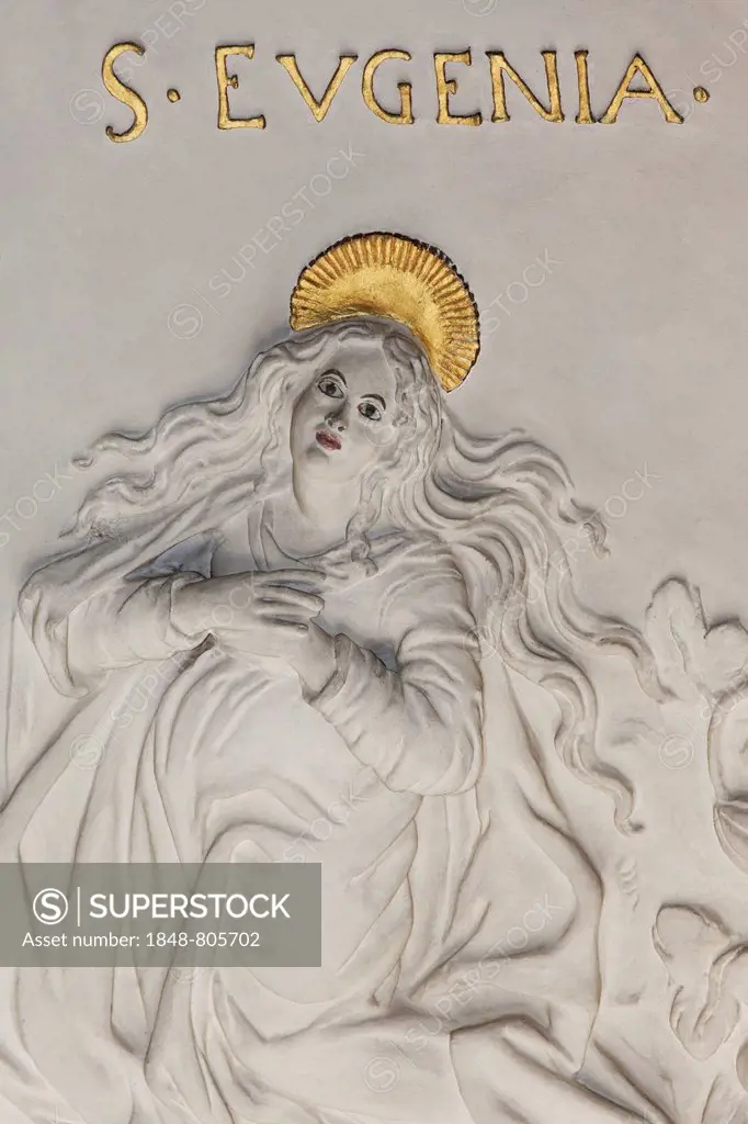 St. Eugenia, martyr, stucco relief, early baroque, Church of St Andreas, Düsseldorf, Rhineland, North Rhine-Westphalia, Germany