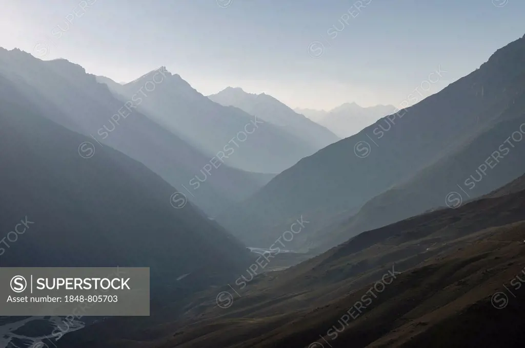 Hazy mountain landscape, Spiti valley, near Dankhar, Himachal Pradesh, India