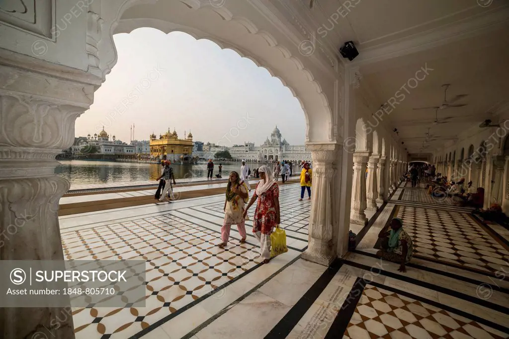 Arcades inside the temple complex, Harmandir Sahib or Golden Temple, a holy Sikh temple, Amritsar, Punjab, India