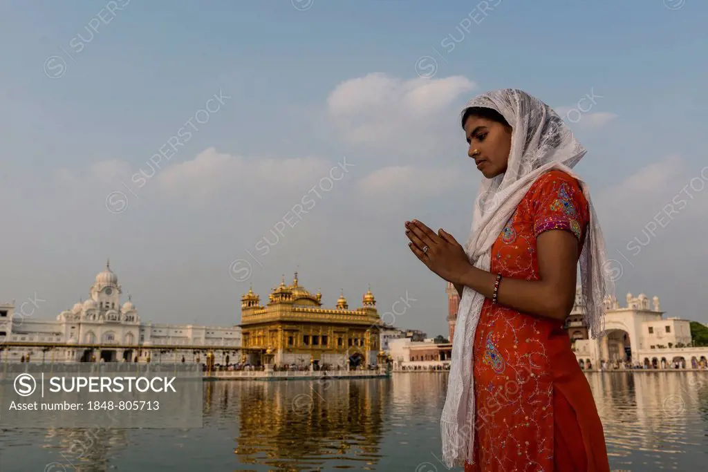 A Sikh devotee praying at the holy pool of the Harmandir Sahib or Golden Temple, a holy Sikh temple, Amritsar, Punjab, India
