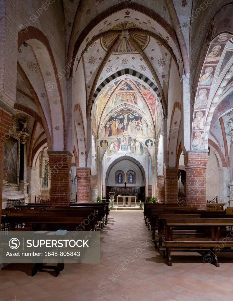 Viboldone Abbey, nave and choir with frescoes, circa 1350, Gothic, Giottesque school, San Giuliano Milanese, Lombardy, Italy