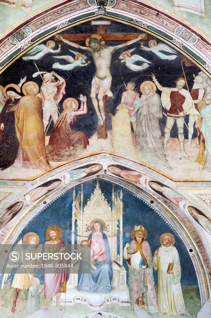 Viboldone Abbey, frescoes of the Way of the Cross and the Virgin Mary with the baby Jesus and four saints, circa 1350, Gothic, Giottesque school, San ...
