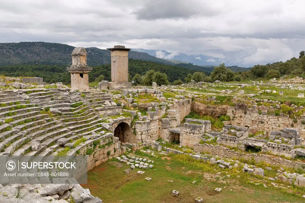 Ancient city of Xanthos, Roman theatre with pillar tomb and harpy tomb, Xanthos, Mediterranean Region, Turkey
