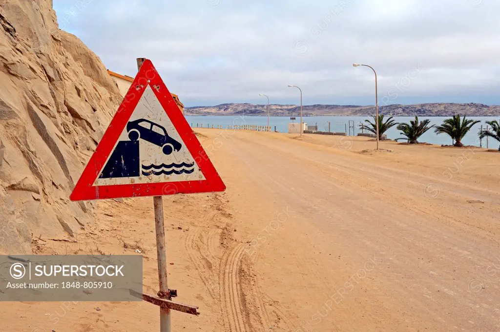 Warning sign, Caution quayside or river bank, Lüderitz, Karas Region, Namibia