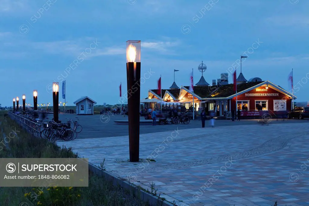 Gas beacons at the new pier at dusk, St. Peter-Ording, Eiderstedt, North Frisia, Schleswig-Holstein, Germany