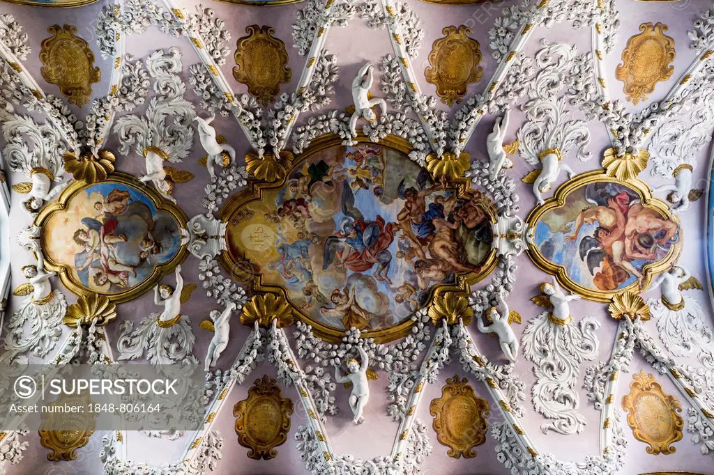 Baroque stucco ceiling with cherubs, angels and frescoes in the sacristy, Church of San Michele, Stampace, Cagliari, Sardinia, Italy