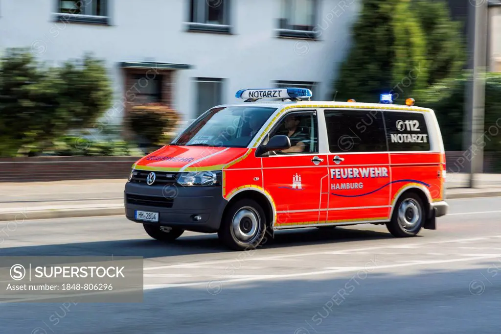 Emergency ambulance of the Hamburg Fire Department racing to a rescue mission, Hamburg, Germany