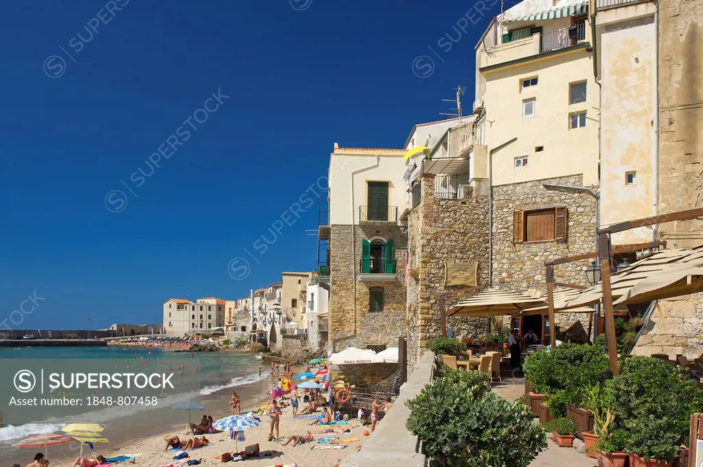 Houses on the beach, Cefalù, Province of Palermo, Sicily, Italy