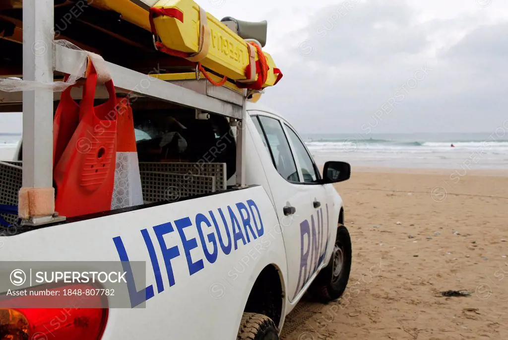 Lifeguard vehicle on the beach, Watergate Bay, Cornwall, England, United Kingdom