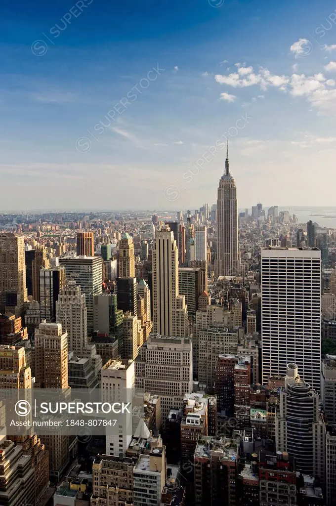 View over downtown Manhattan and the Empire State Building from the Rockefeller Center, Manhattan, New York City, New York, United States