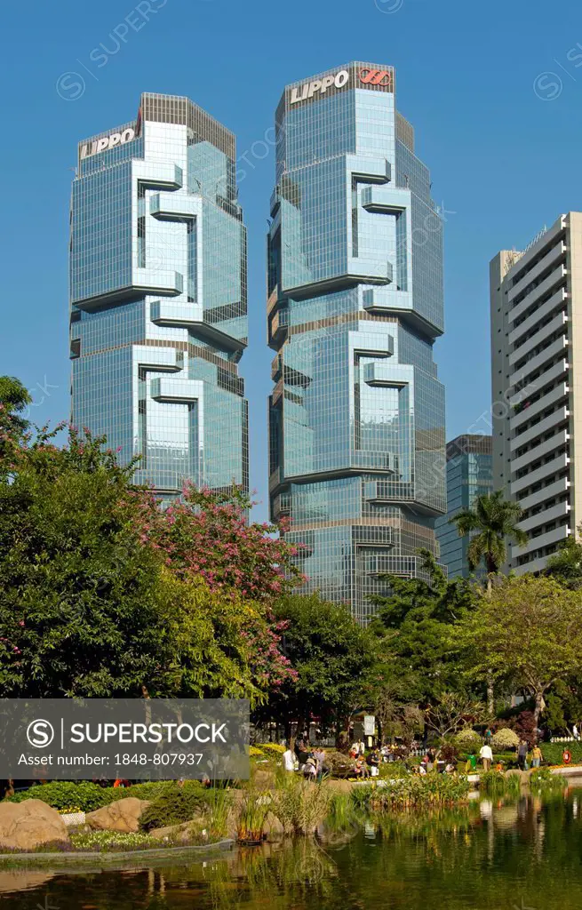 Lippo Centre twin towers and Hong Kong Park, Hong Kong, Hong Kong, China, People's Republic of China