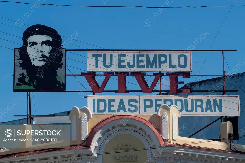 Socialist slogan with a portrait of Che Guevara, Cienfuegos, Cienfuegos Province, Cuba