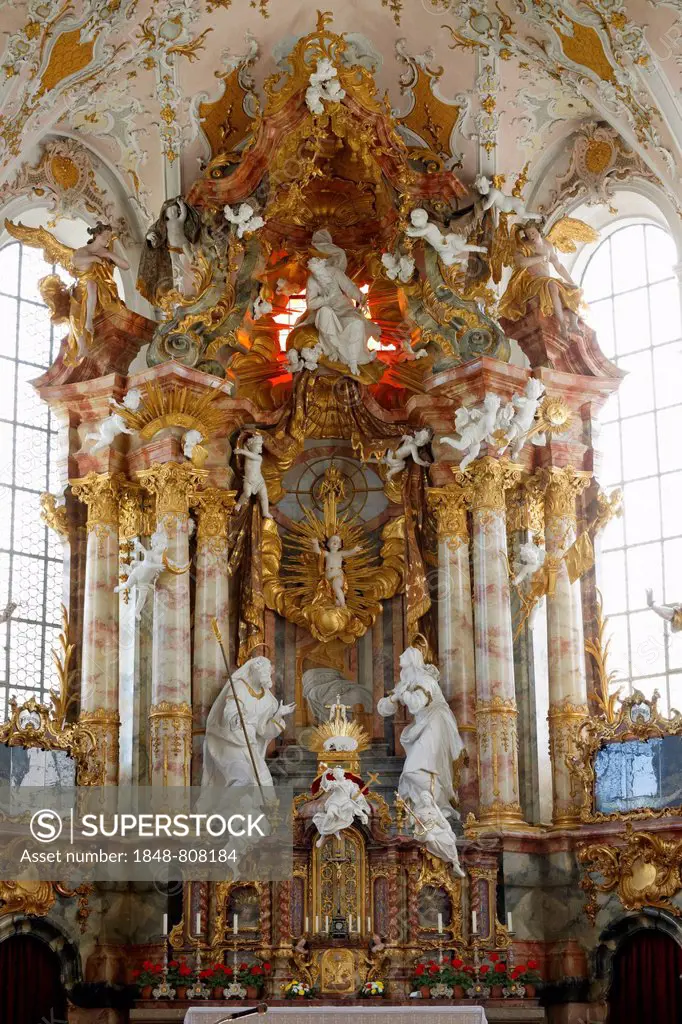 Former Collegiate Church of the Nativity of Mary, high altar, Rottenbuch, Pfaffenwinkel region, Upper Bavaria, Bavaria, Germany
