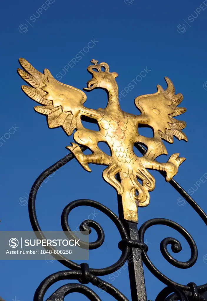 Polish eagle on the Fountain of Neptune, Neptune's Fountain, Gdansk, Pomeranian Voivodeship, Poland
