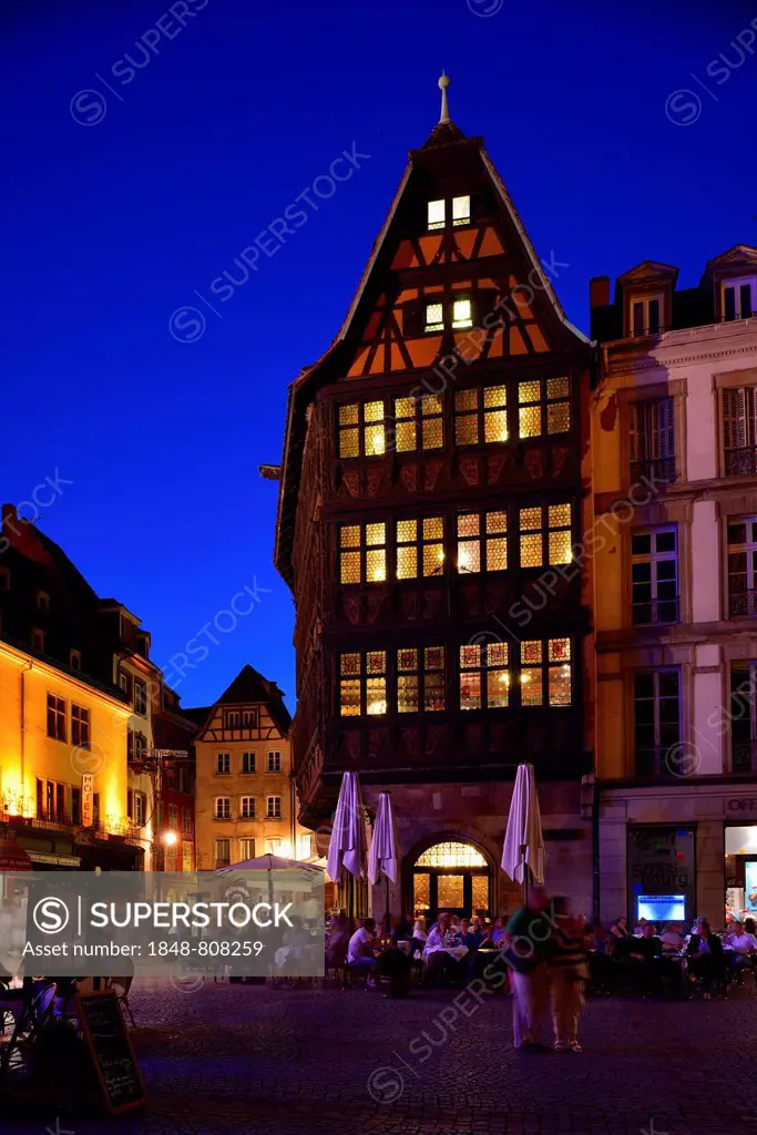 The Maison Kammerzell, the oldest building in town, at dusk, Strasbourg, Département Bas-Rhin, Alsace, France