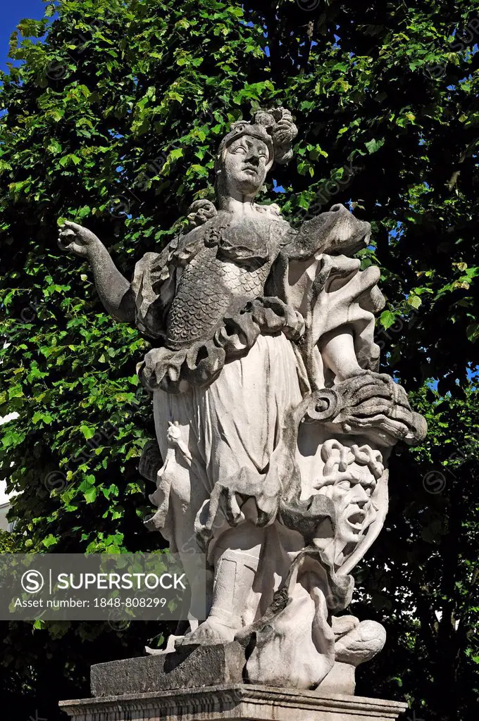 Balustrade statue of the goddess Athena, 1689, Palace Gardens of Schloss Mirabell Palace, Salzburg, Salzburg State, Austria