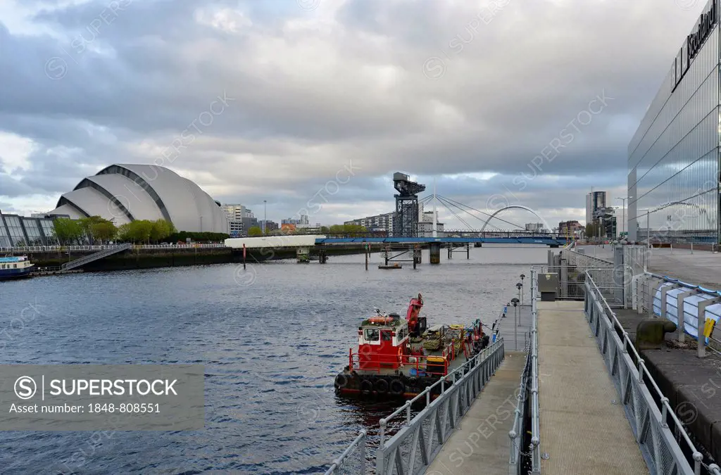 Clyde Auditorium, so-called The Armadillo, The Finnieston Crane, on the River Clyde, next to the television station of BBC Scotland, Glasgow, Scotland...