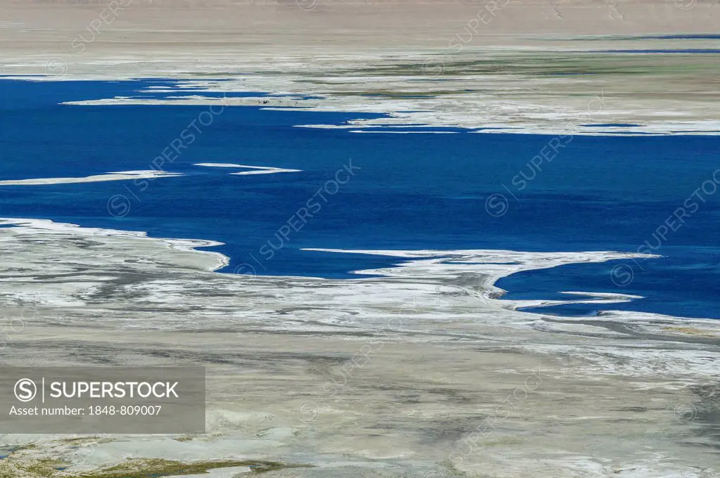Aerial view of Tso Kar, a fluctuating salt lake, located at an altitude of 4.530 m, Korzok, Ladakh, Jammu and Kashmir, India