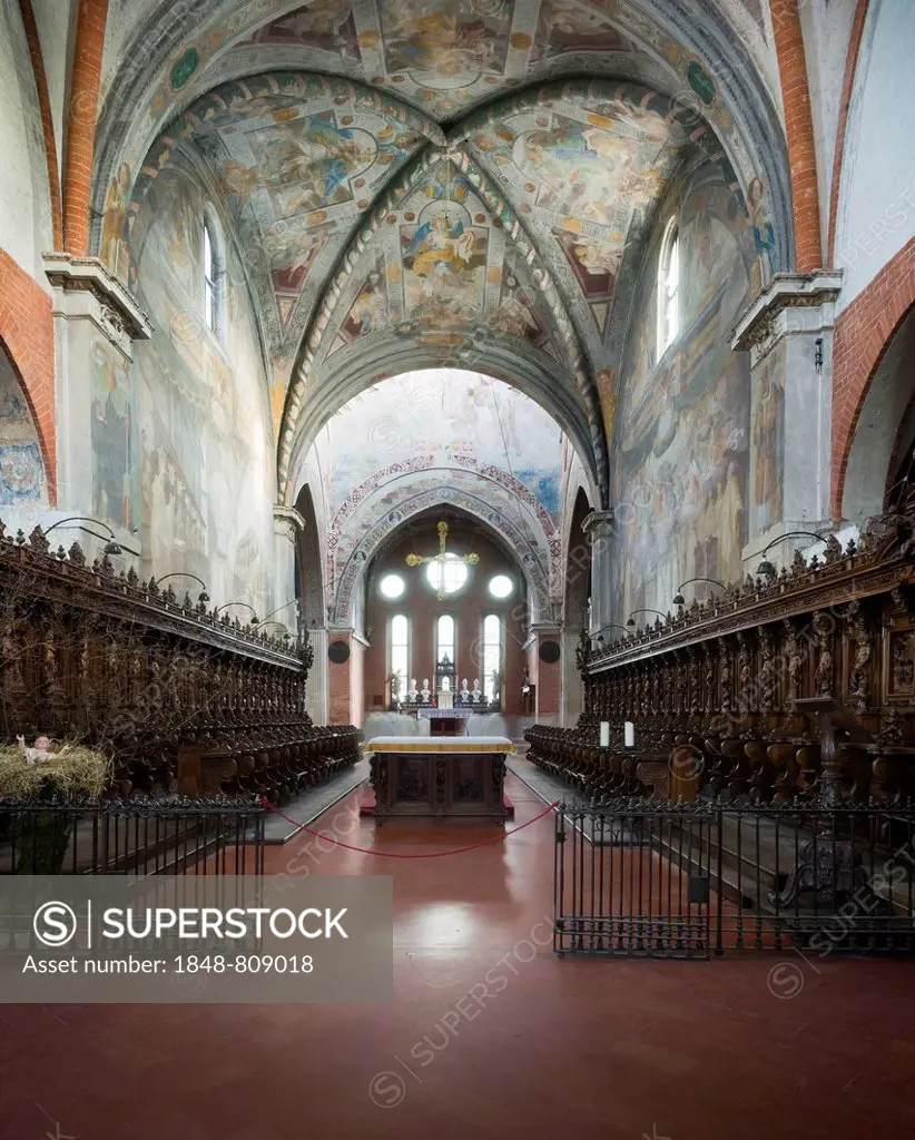 Choir stalls and choir of the Gothic Chiaravalle Abbey, Abbazia Chiaravalle Milanese, Rogoredo, Milan, Lombardy, Italy