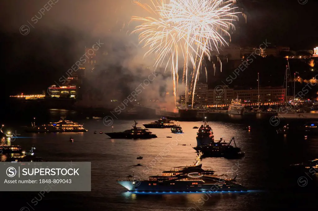 Fireworks over Monaco at Cap Martin, with the motor yacht Ace at the front, Monaco, Monaco