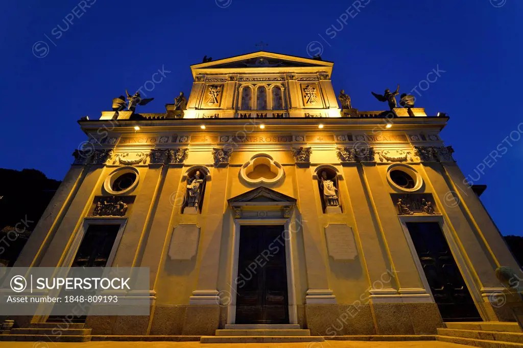 West facade of the Parish Church of Sancto Ambrosio at night, Porto Ceresio, Lombardy, Italy
