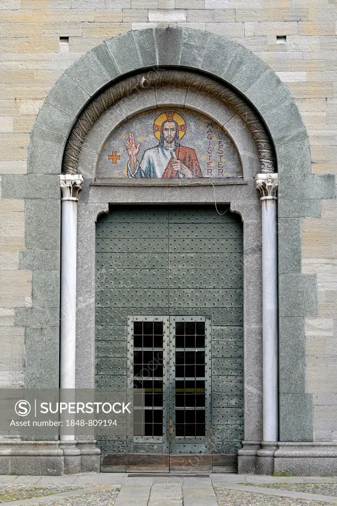 Cast iron entrance portal, Romanesque Basilica of San Fedele, former cathedral, Como, Lombardy, Italy