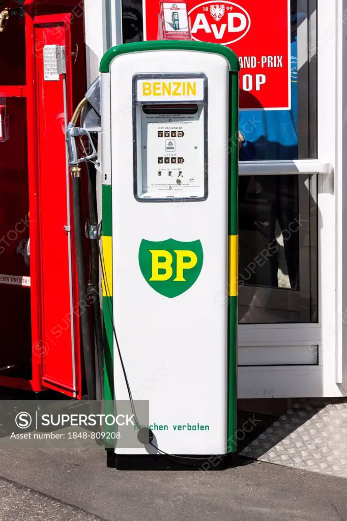 Old petrol pump, BP, at the Oldtimer Grand Prix 2013 on the Nuerburgring, Nürburg, Rhineland-Palatinate, Germany