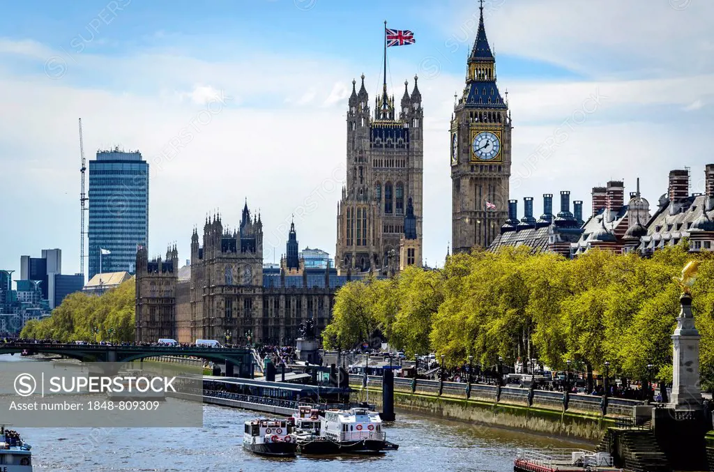 Palace of Westminster with Elizabeth Tower, previously called Clock Tower, Big Ben, Westminster Bridge, River Thames, London, London region, England, ...